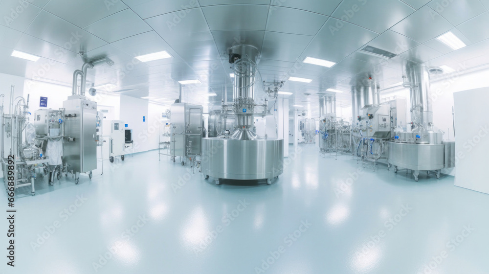 Interior of Pharmaceautical clean room, industrial design for large scale chemical production in controlled sterile conditions.