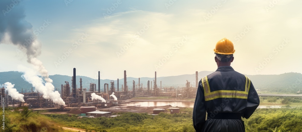 Concept of workplace safety and health Engineer or Safety Inspector observing air pollution from palm oil mill