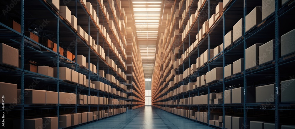 Factory warehouse filled with shelved boxes