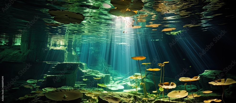 Lily pads fish and cenote in Mexico Tropical underwater sinkhole caves