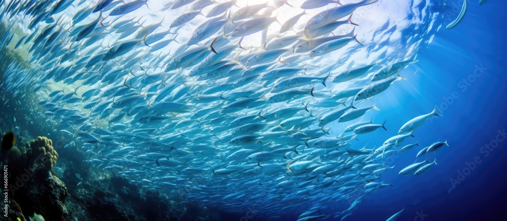 Famous tourist spot in Cebu with sardines in shallow reef