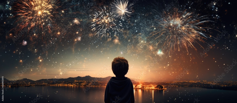 Child observing New Year s Eve fireworks in the sky