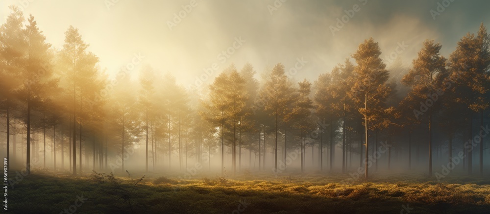 Artificial Intelligence rendering of a sunlit forest with trees surrounded by glowing fog