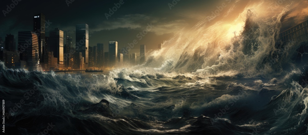 Modern city s skyscrapers submerged by tsunami giant second wave approaching