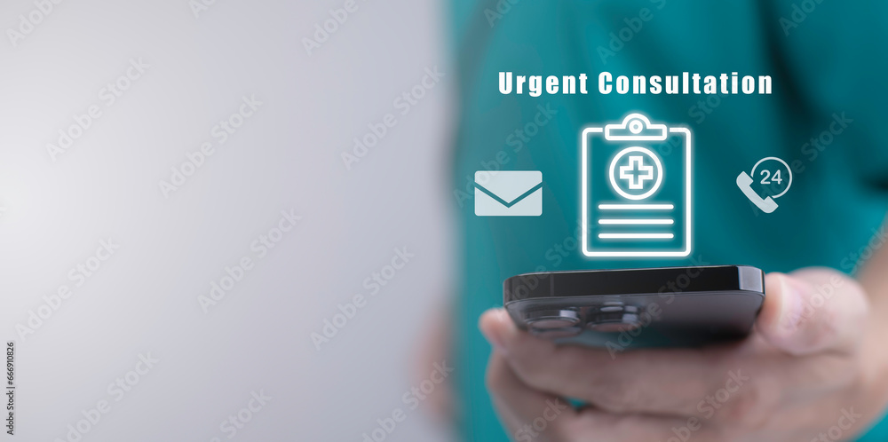 Health insurance and medical inquiry form concept. The doctor holds a Smartphone with a checkbox for Health status in the Health Status evaluation form and hospital Contact documents.