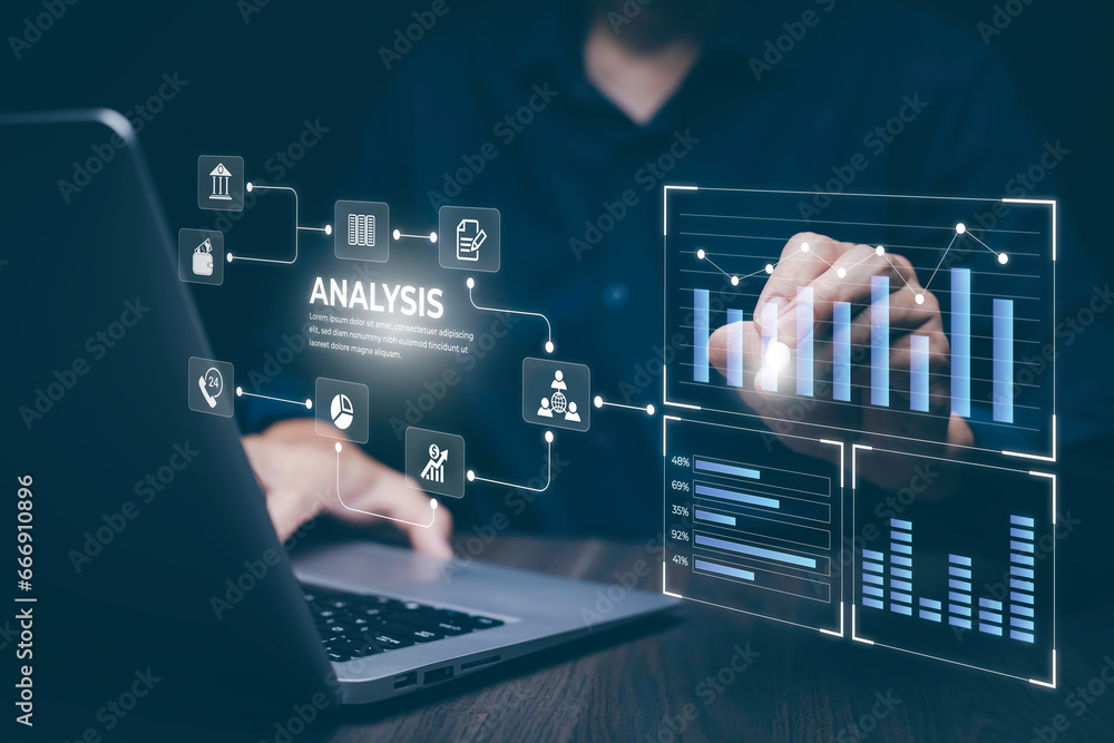 Working Data Analytics and Data Management Systems and Metrics connected to corporate strategy database for Finance, Intelligence,  Business Analytics with Key Performance Indicators, social network