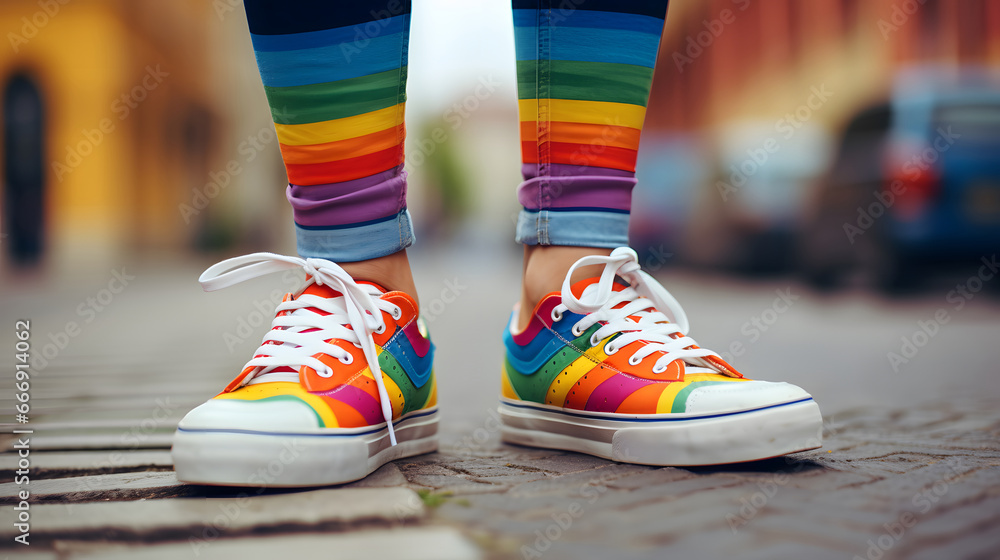 close up on shoes with rainbow color