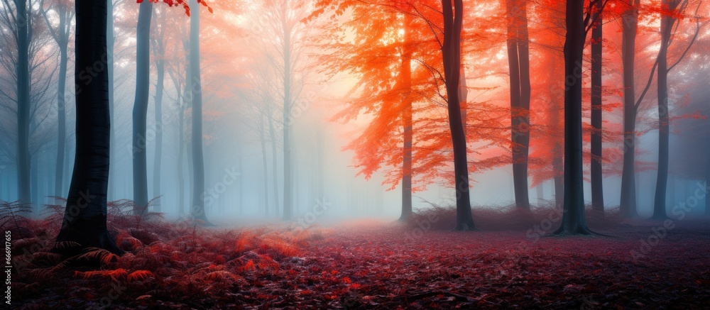 Colorful autumn morning in a forest with fog in the background