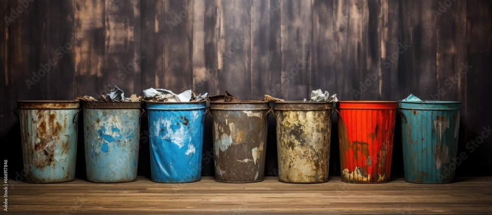 Image of worn metal trash bins with garbage