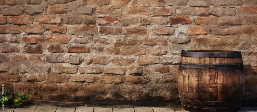 Old wooden barrel stuffed against brick wall