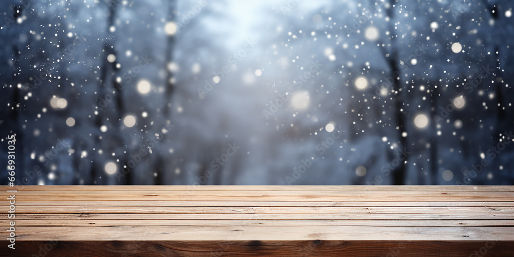 wooden empty surface with snow in the background. snowfall out of focus. AI generated