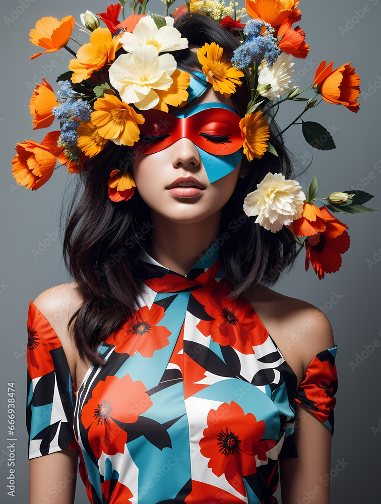 Abstract contemporary art collage portrait of young woman with flowers