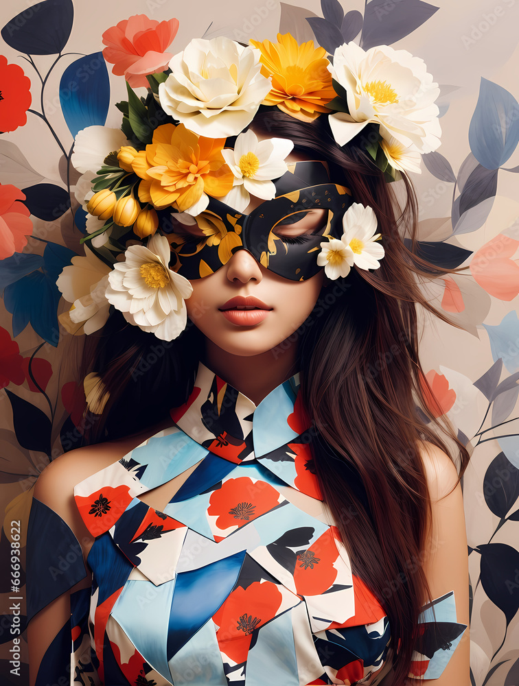 Abstract contemporary art collage portrait of young woman with flowers