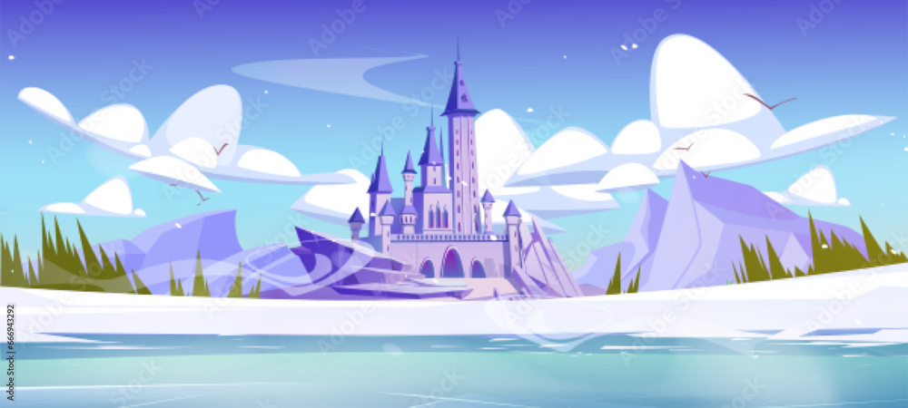 Fairytale royal castle near rocky mountains in winter covered with snow. Cartoon vector landscape with mediaeval palace with gate and towers in middle of snowy meadow at hills and water lake.