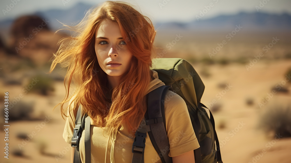 Young girl exploring the desert, Young beautiful woman backpacker traveling in the desert, hiking woman walking on desert trail