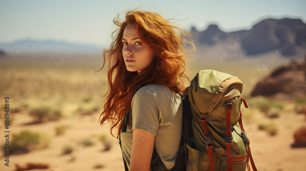 Young girl exploring the desert, Young beautiful woman backpacker traveling in the desert, hiking woman walking on desert trail