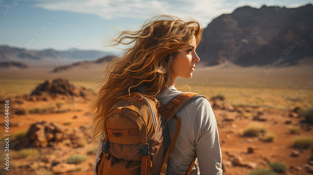 Young girl exploring the desert, Young beautiful woman backpacker traveling in the desert, hiking woman walking on desert trail