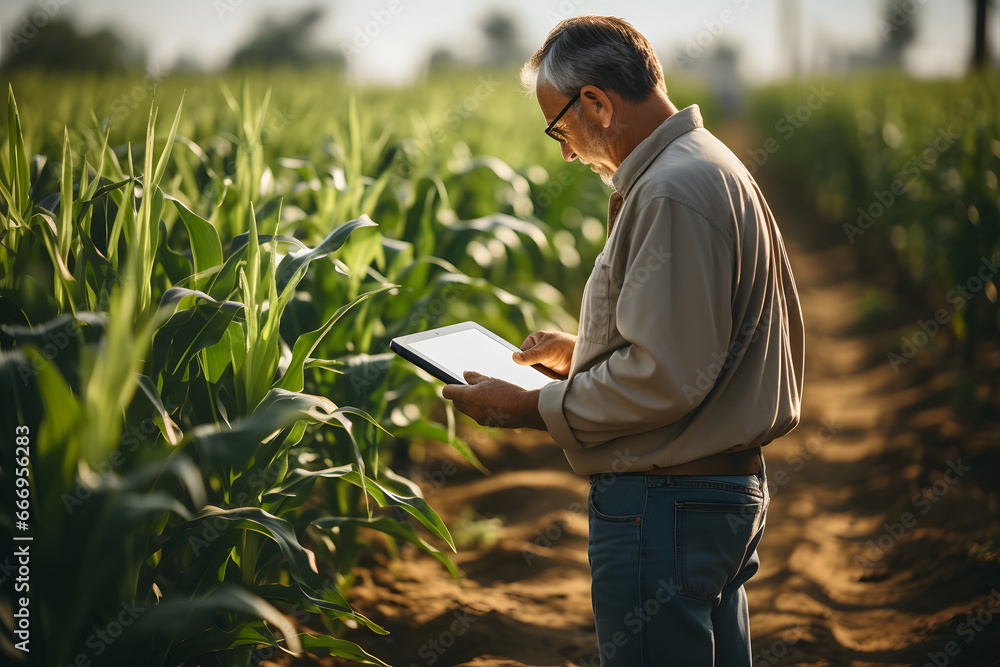 A modern farmer in a corn field using a digital tablet to review harvest and crop performance, ESG concept and application of technology in contemporary agriculture practices