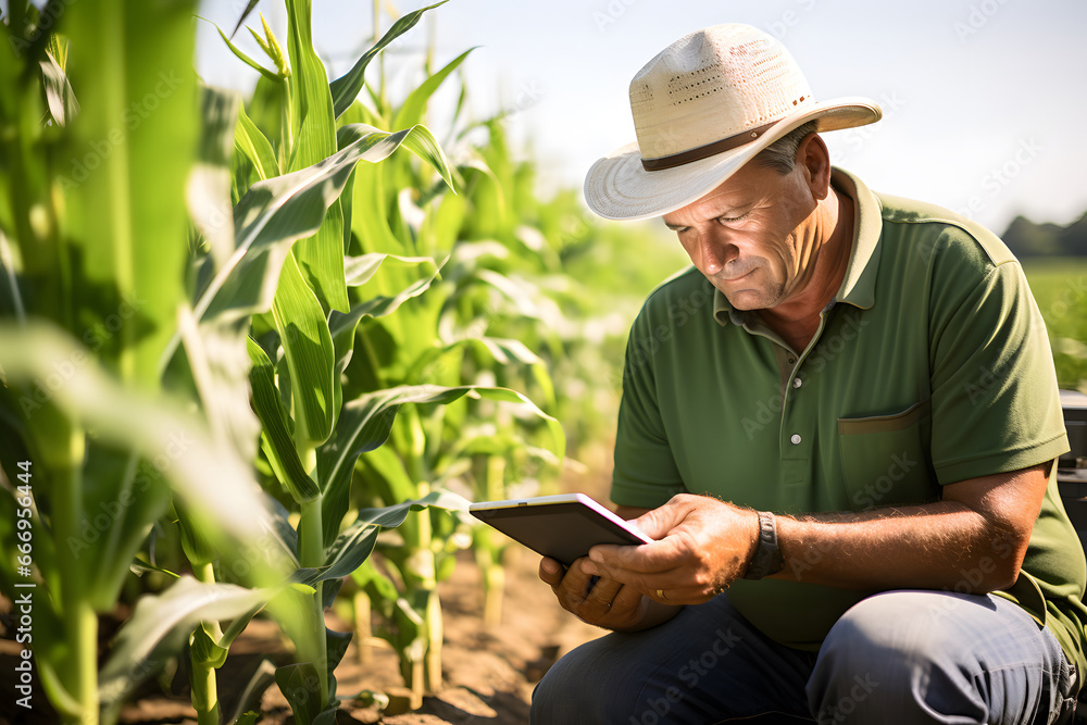 A modern farmer in a corn field using a digital tablet to review harvest and crop performance, ESG concept and application of technology in contemporary agriculture practices