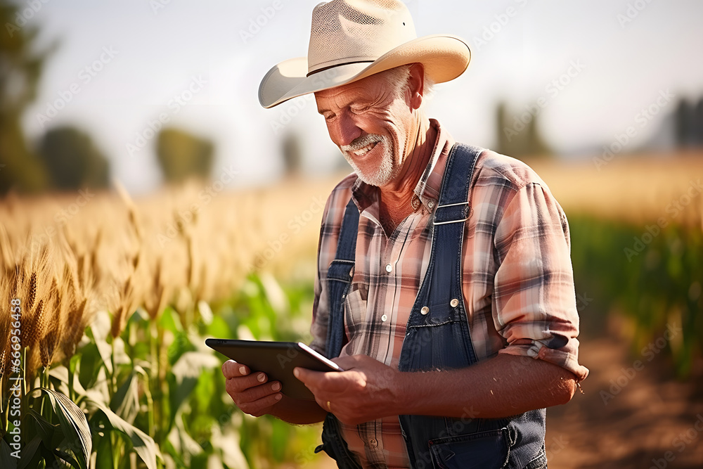 A modern farmer in a corn field using a digital tablet to review harvest and crop performance, ESG concept and application of technology in contemporary agriculture practices