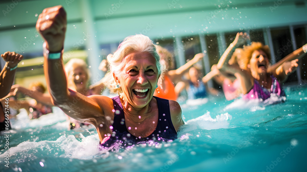 happy senior women enjoying aqua fitness class in a pool, displaying joy and camaraderie, embodying a healthy, retired lifestyle