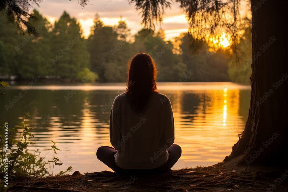 young girl practicing meditation and yoga, mindfulness and meditation in a peaceful natural environment