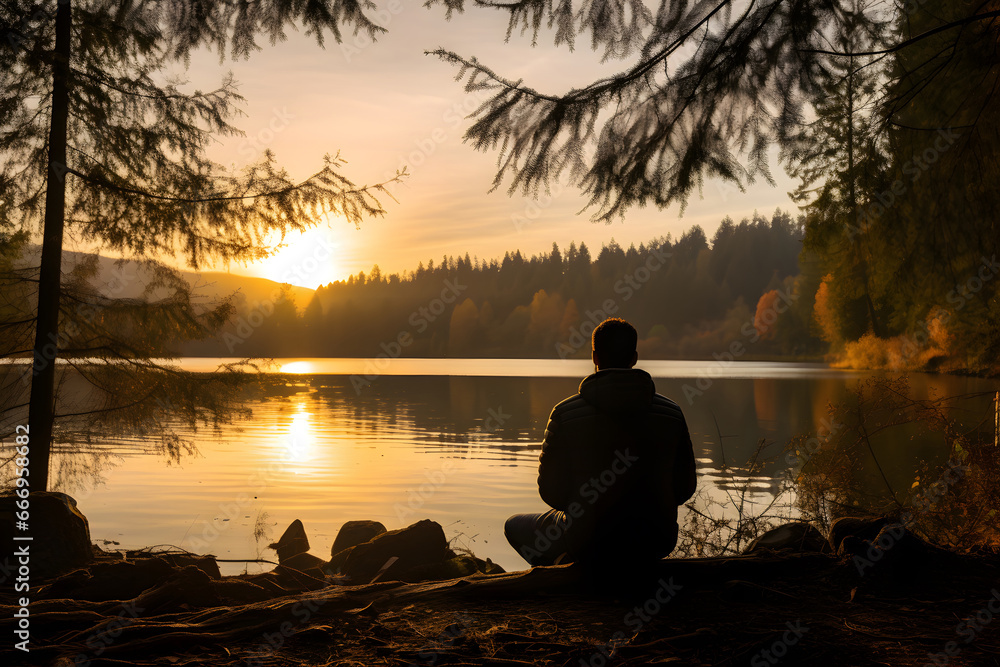 young man practicing meditation and yoga, mindfulness and meditation in a peaceful natural environment