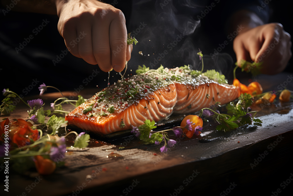 the chef preparing food grilled salmon steak with vegetables