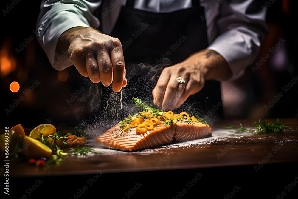 the chef preparing food grilled salmon steak with vegetables