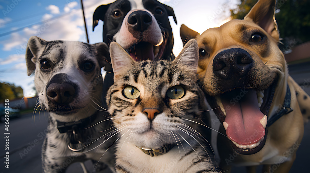 funny group of dogs and cat