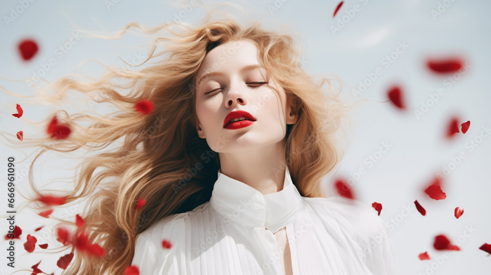 Elegant young woman with beautiful red flowers