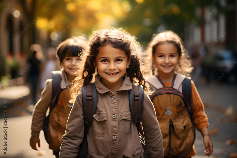 Group of young children walking together in friendship, embodying the back-to-school concept on their first day of school, happy kids