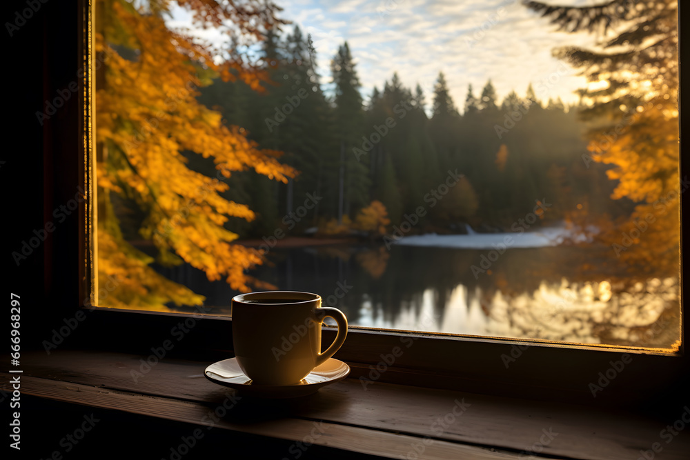 Coffee cup nestled among autumn leaves on a wooden table, with a lake in  fall autumn background