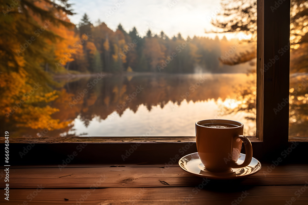 Coffee cup nestled among autumn leaves on a wooden table, with a lake in  fall autumn background