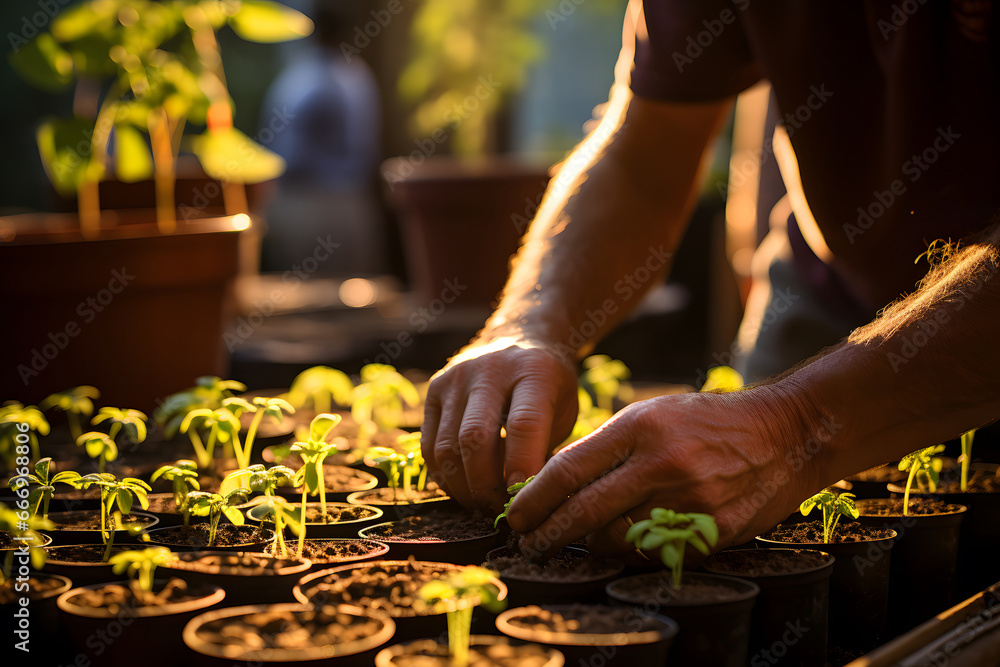 Farmer man transplanting tomato seedlings into open ground against green garden and country house. vegetable crop cultivation, farming concept