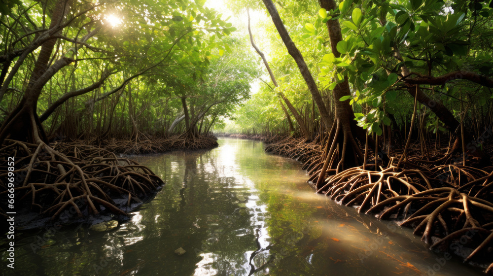 Green mangrove trees in the stream.