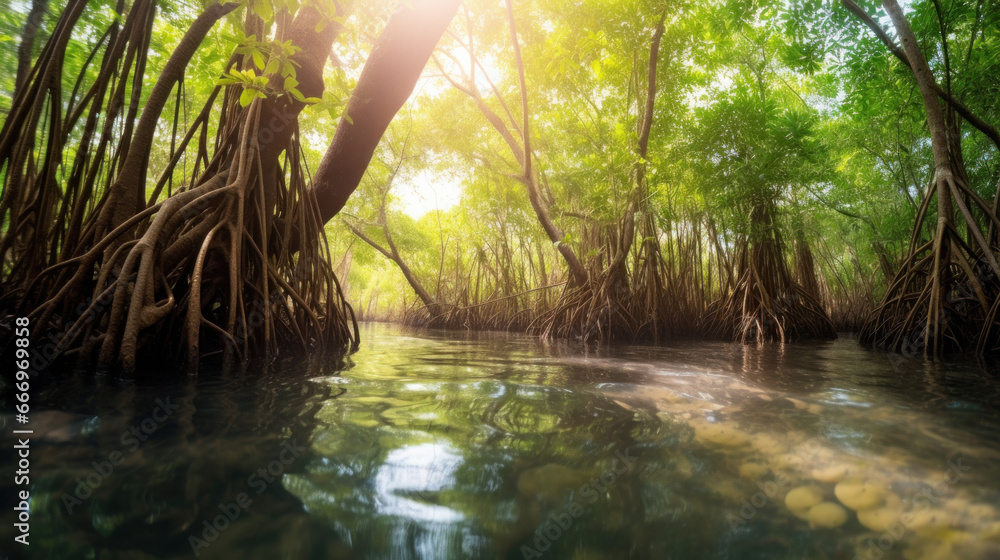 Green mangrove trees in the stream.