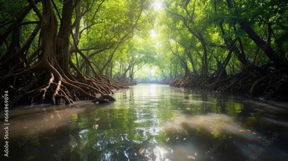 Mangrove forest in summer. River in wild jungle.