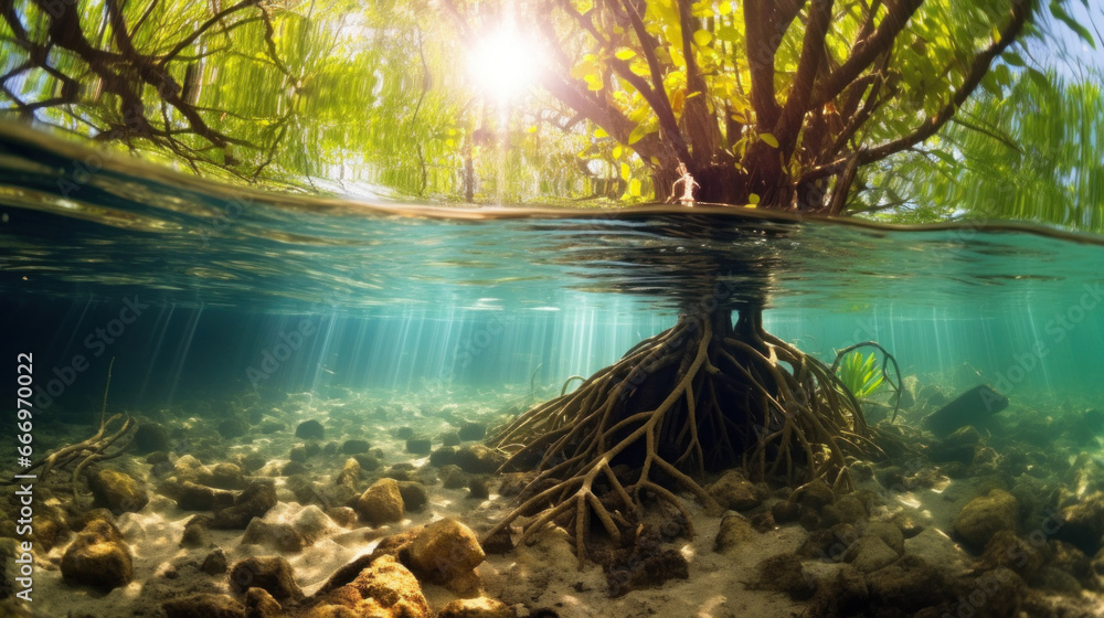 Mangrove tree and roots under water surface green foliage. mangrove forest.