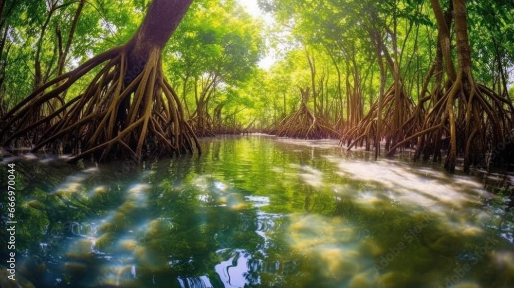 Mangrove trees along the turquoise green water in the stream. mangrove forest.