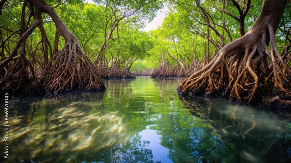 Mangrove trees along the turquoise green water in the stream. mangrove forest.