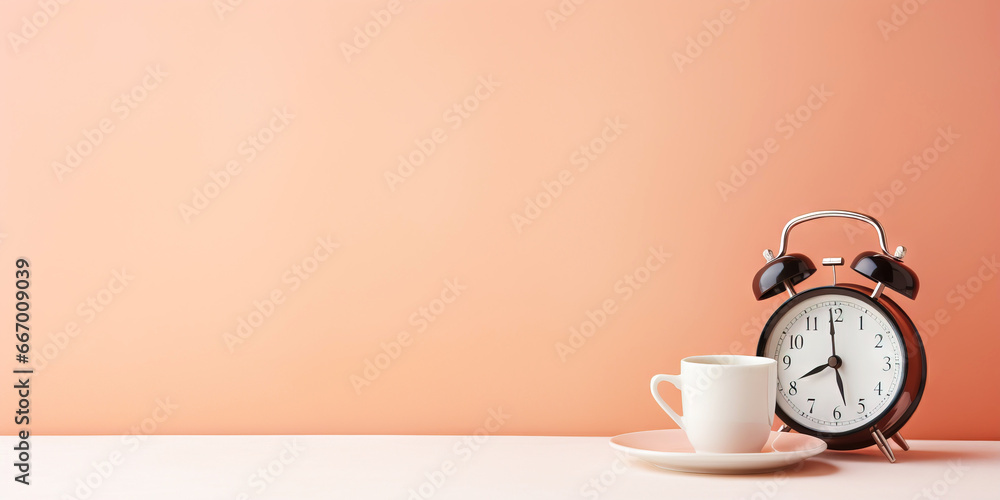 Vintage alarm clock and cup of hot coffee on the uniform pastel backdrop with a copy space. Generative AI