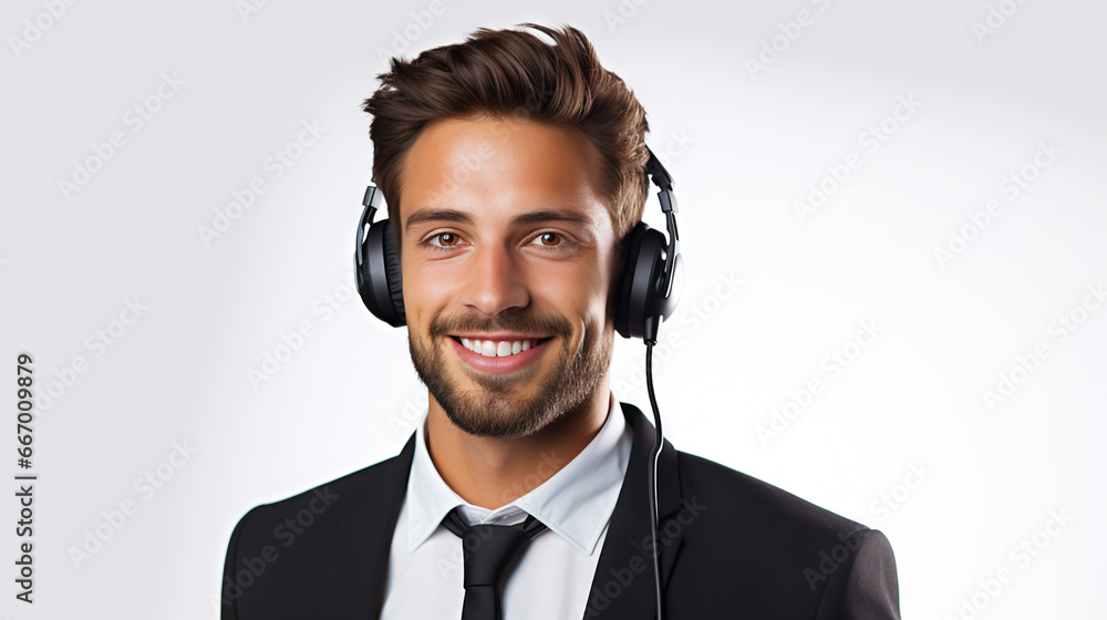 Male customer service representative in headset consulting clients online. Call center agent. Generative AI