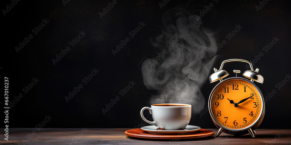 Vintage alarm clock and cup of coffee on the uniform dark backdrop with a copy space. Generative AI