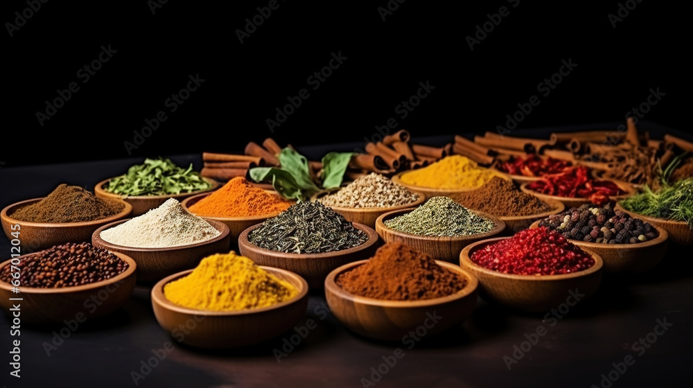 Collection of different aromatic spices, seeds and herbs in a small plates on wooden table, side view. Generative AI