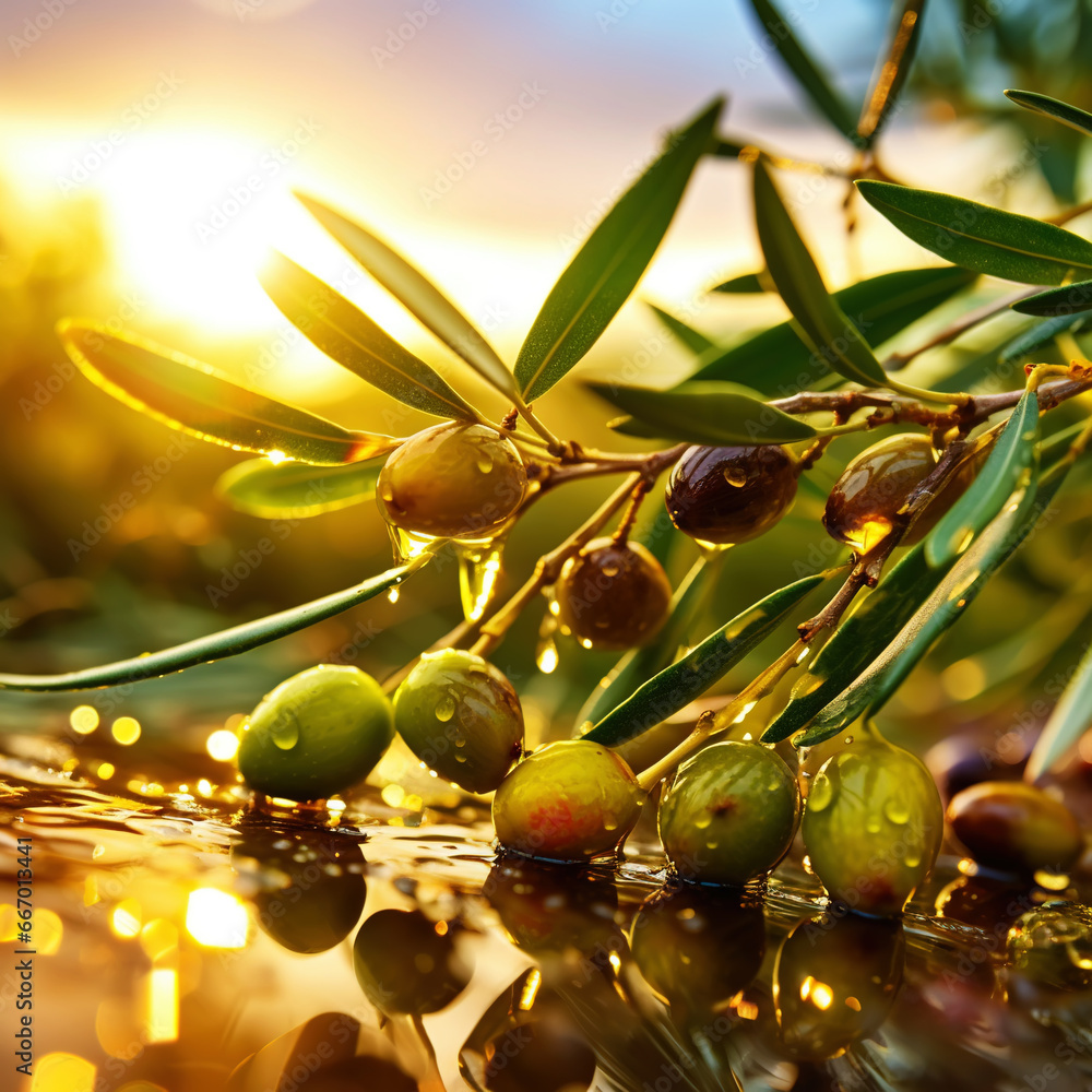 Closeup of olives with dew drops on the branch of olive tree on the sunset. Generative AI