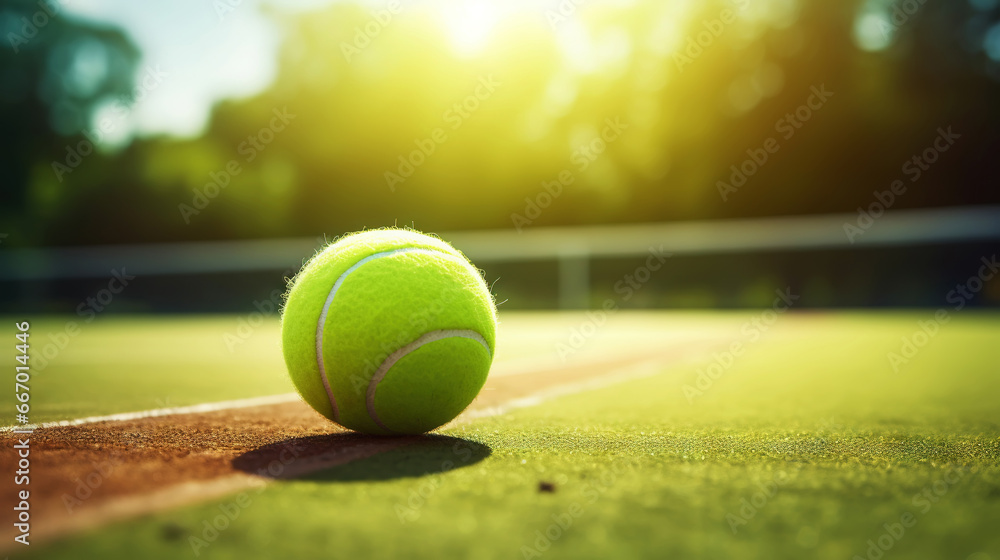 Closeup of tennis ball on empty court. Tennis match on sunny day. Concept of a sporty lifestyle. Generative AI