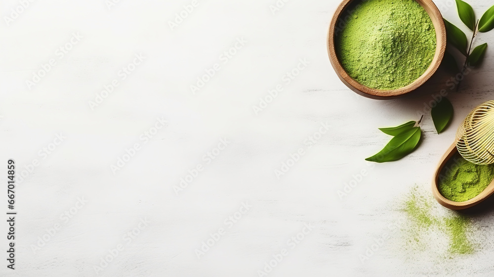 Matcha tea powder in a wooden plate on light wooden background with whisk, top view, copy space. Generative AI