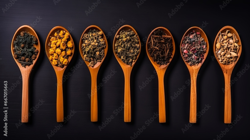 Different types of tea and herbs in vintage wood spoons, top view on dark background. Copy space. Generative AI