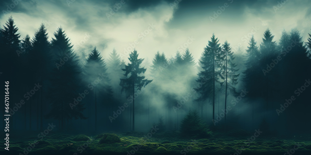 Misty mountain landscape with fir forest in vintage retro style. Generative AI